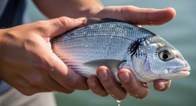 Fisherman hands holding freshly caught silver sea bream.
