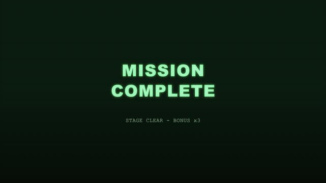 8 Bit Retro Mission Complete Stage Clear Video Game Victory Screen Green Glow Animation