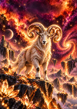 Aries Zodiac Ram with Glowing Horns in a Magical Cosmic Fantasy Landscape
