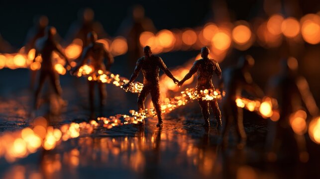 A dark background contrasts glowing figures connecting in an abstract project representing community development and collaboration.