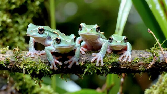 Pristine 4K Ultra HD nature footage showcasing three juvenile Vietnamese mossy frogs (Theloderma corticale) resting quietly on damp forest moss highlighting their extraordinary natural camouflage