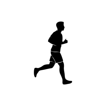 Black silhouette of a man running isolated on a white background.