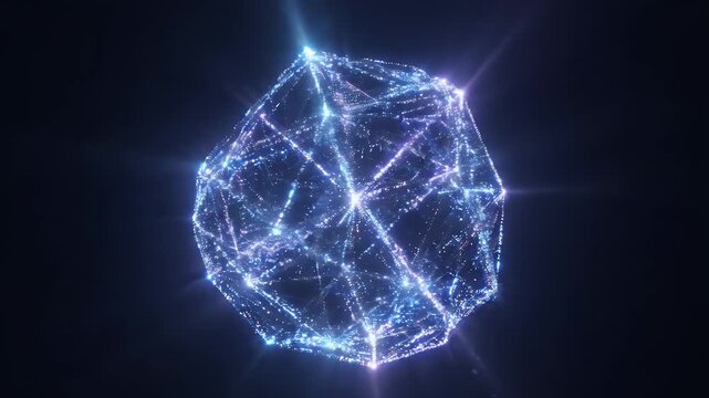 Abstract Geometric Light Form - A glowing, crystalline geodesic dome structure composed of countless tiny blue and white lights and streaks.