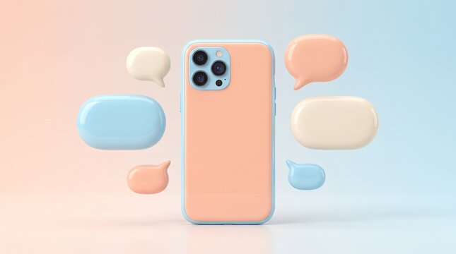 Pastel smartphone surrounded by floating speech bubbles in minimalist digital communication design