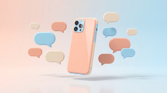 Pastel smartphone surrounded by floating speech bubbles in modern digital communication setting
