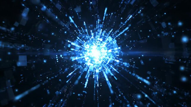 Digital Blue Light Tunnel Animation - Abstract visualization of data streams and glowing particles bursting from a bright central point, creating a sense of movement through a digital tunnel.