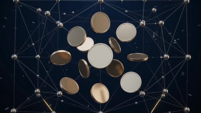 Abstract Digital Coins Rotating in Geometric Network Cryptocurrency Blockchain Concept