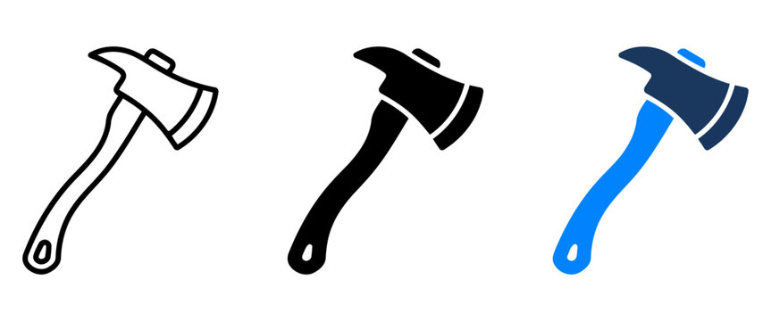 Firefighter axe icon set, emergency rescue tool vector collection, black and blue fire axe symbols for safety and firefighting equipment design