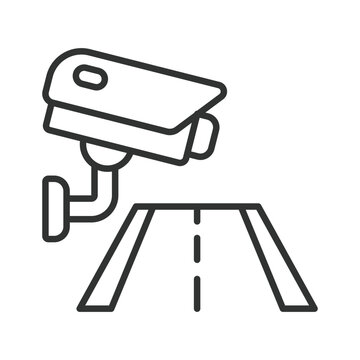 Road surveillance security camera icon in line design. Security camera, road surveillance, traffic monitoring, cctv, smart city, highway control, video surveillance on white background vector. Road su