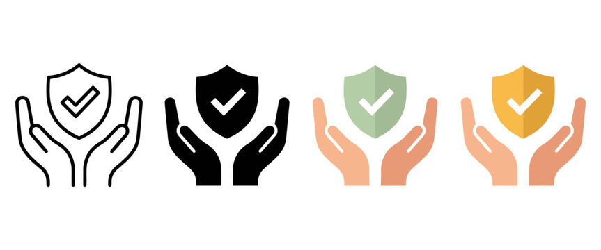 Insurance protection icon set with hands holding shield, security and safety symbols in flat and line styles, 4 vector elements for business and finance