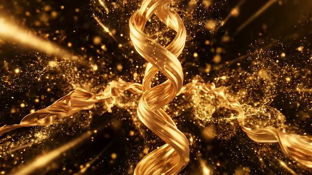 Golden DNA Helix With Glittering Particles - A close-up view of a gleaming golden DNA helix structure, surrounded by shimmering golden particles and a flowing ribbon.
