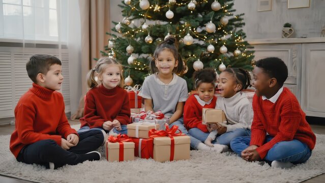 Excited children gathered around a Christmas tree, eagerly anticipating gifts during a joyful holiday celebration.