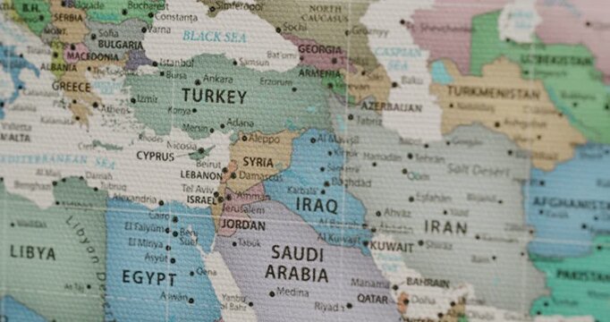 Animated political map showing countries in the Middle East, including Turkey, Syria, Israel, Jordan, Saudi Arabia, Iraq, and Iran, highlighting geopolitical concepts and international relations