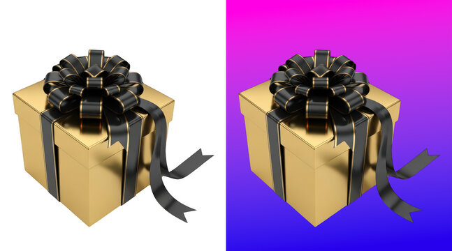 Elegant gold gift box with black velvet ribbon bow 3D rendering