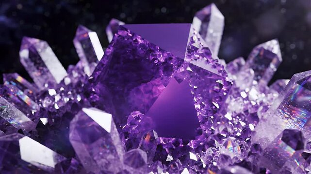 Macro View of Amethyst Geode Cluster - A close-up, macro view of a vibrant amethyst geode cluster, showcasing the intricate crystalline structures and deep purple hues.