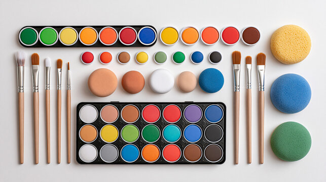Top-down flat lay of a bright face-paint kit with vivid palettes, brushes and soft sponges isolated on a clean white background, ready for children&rsquo;s Halloween makeup, face paint kit,