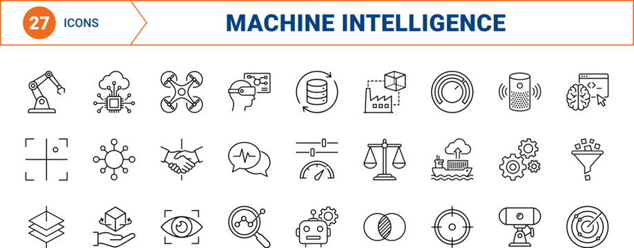 Artificial intelligence line icon set. Vector pictograms of automation, machine learning, neural networks, and robotics elements, thin linear illustration.