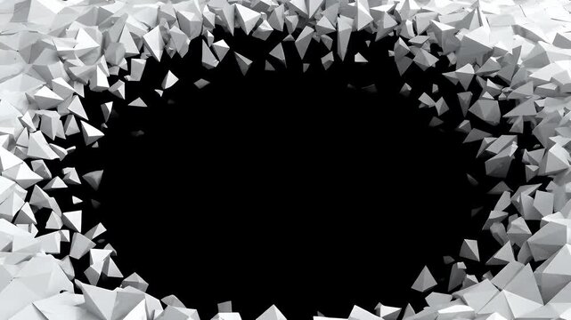 White Geometric Debris Explosion Hole - A circular hole is formed by white geometric debris exploding outwards against a black background.