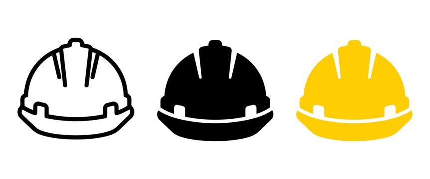 Industrial safety helmet icons, construction hard hat vector set, protective headwear symbols for engineering and building site safety