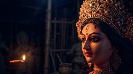Fototapeta premium Goddess durga idol profile view with a glowing diya lamp in dark background