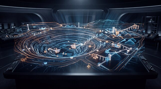 Interactive holographic map displays a digital mining complex model.