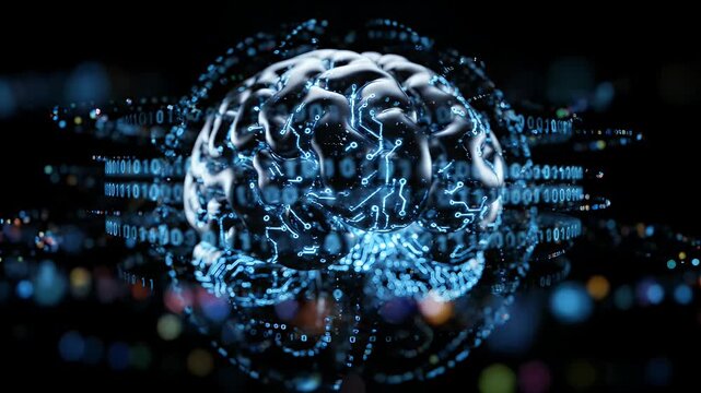 Digital Brain Abstract - An abstract representation of a human brain composed of glowing blue circuitry and binary code against a dark background.