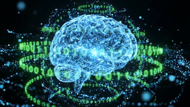 Futuristic Digital Brain with Binary Code Data Stream - A translucent, glowing blue brain model is depicted with swirling green binary code and particles in a dark, cosmic background.
