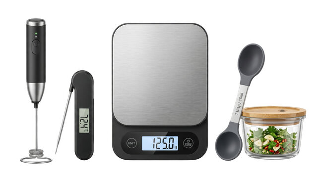 Modern kitchen gadgets set with digital food scale, electric milk frother, meat thermometer, measuring spoon and glass storage jar on white background
