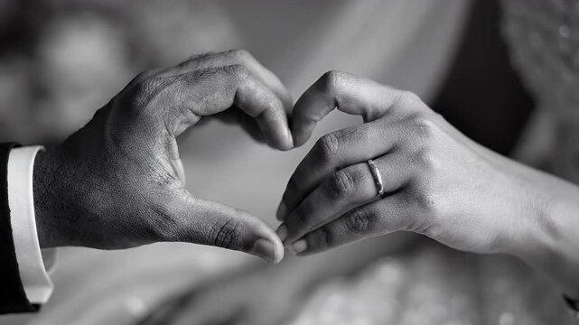 Couple Making Heart Shape With Hands - Close-up black and white shot of a couple's hands forming a heart shape. One hand wears a wedding ring, signifying love and commitment.
