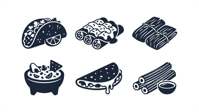 Set of six black and white Mexican food icons including a taco with lime, enchiladas with sauce, wrapped tamales, a bowl of guacamole with chips, a cheesy quesadilla, and churros.