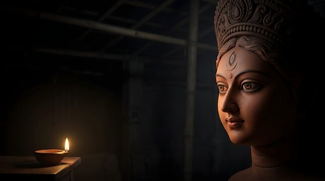 Goddess durga idol face illuminated by a glowing oil lamp in dark background