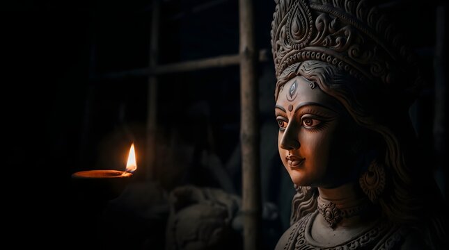 Goddess durga idol illuminated by a glowing diya lamp in a dark workshop