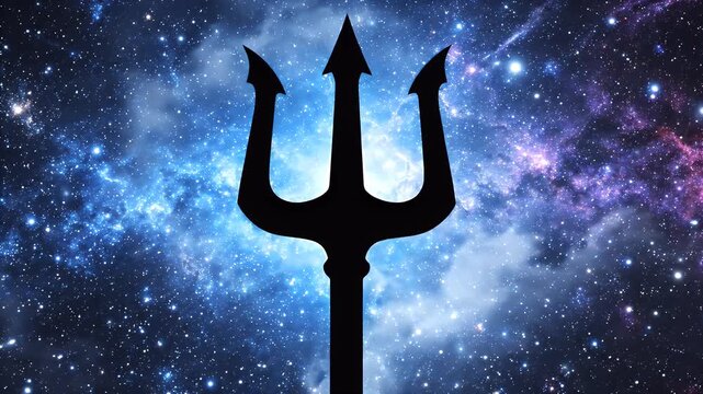 Black Trident Silhouette Over Starry Nebula Background - A black silhouette of a trident stands prominently in the center against a vibrant backdrop of a colorful, star-filled nebula.