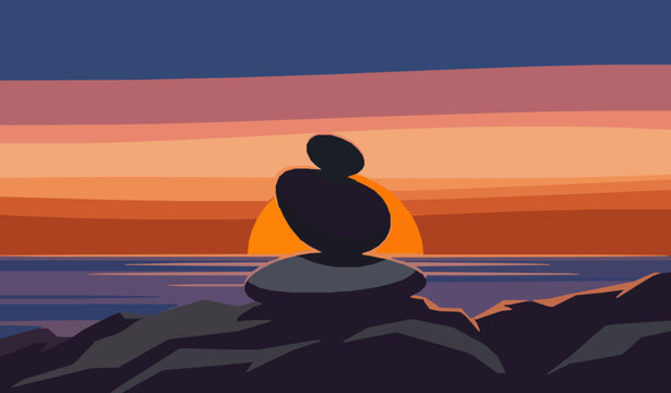 Balanced Stone Stack Sunset Tranquility Mindfulness Nature Vector