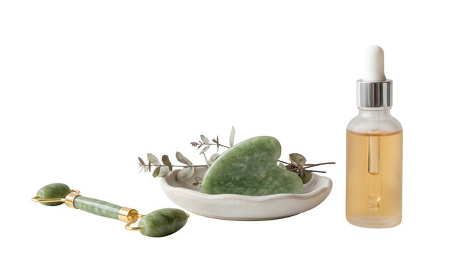 Natural jade gua sha and face roller set, organic facial oil serum in glass dropper bottle, holistic skincare tools for anti-aging beauty routine