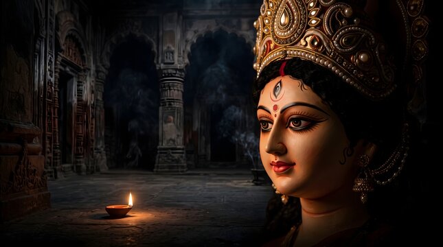 Goddess durga idol face with a glowing earthen lamp in a dark temple hall