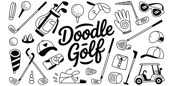 Hand drawn doodle set of golf equipment featuring clubs, balls, bags, carts, caps, and gloves in a black and white style on a white background, for sports themes