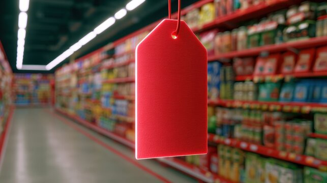 A glowing coupon tag hovers above a generic product in a bright store. The scene captures a shopping moment with no text.