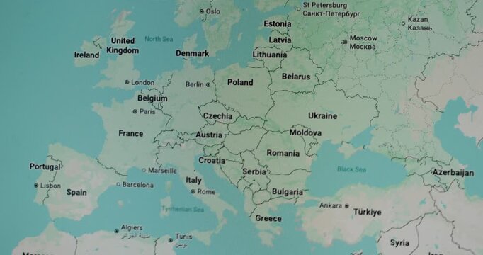 Detailed political map of Europe and Asia appearing on a digital screen, showing country borders, major cities, and seas, useful for geography, travel, and international relations studies