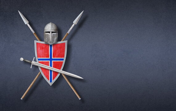 norwegian viking helmet shield sword and two spears