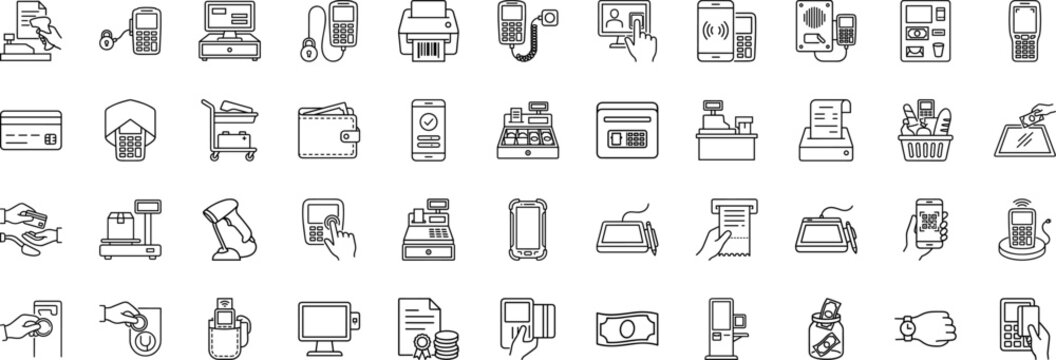 Point of sale payment systems line icon set. Vector pictograms of terminal, checkout, contactless, and transaction elements, thin linear illustration.