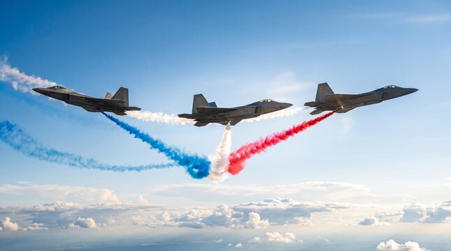 Three military fighter jets flying in formation leaving colorful smoke trails