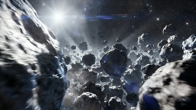 Asteroid Field In Space - A dense field of asteroids drifts through the vastness of space, illuminated by a distant star. The rocky debris creates a dramatic and awe-inspiring celestial landscape.