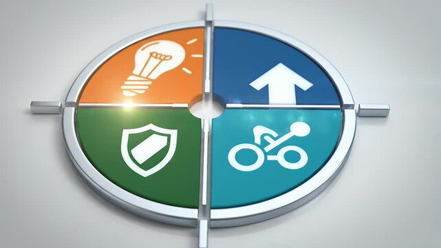 Four Quadrant Concept Diagram with Icons - A circular diagram divided into four color-coded quadrants, each featuring a white icon: a lightbulb for ideas, an upward arrow for growth, a shield for