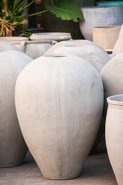 Large, textured ceramic pots line a rustic garden space. One pot cradles a lush, broad-leafed plant. Natural light highlights the pots' weathered surfaces