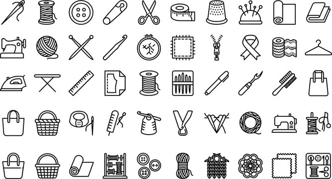 Sewing and crafting icons, including sewing machine, thread, needles, scissors, buttons, yarn, and fabric