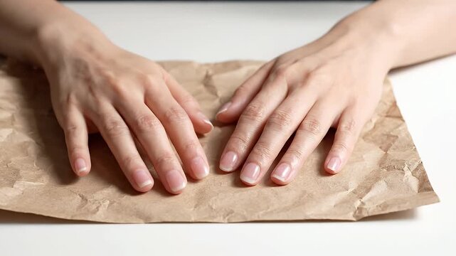 Woman's Hands with Natural Nails Resting on Kraft Paper - A close-up shot of a woman's well-groomed hands with natural, unpolished nails.