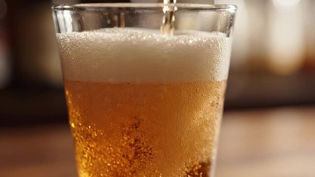 Refreshing Beer Being Poured Into Glass - A close-up shot captures golden beer being poured into a glass, creating a frothy white head and cascading bubbles.