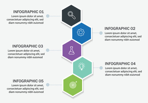 Vertical 5 Step Hexagonal Infographic Layout for Company Goal and Workflow Visualization.