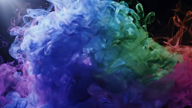 Vibrant Colorful Smoke Explosion Abstract Background - Swirling clouds of vivid ink blend and bloom in dark water, creating an ethereal abstract backdrop.
